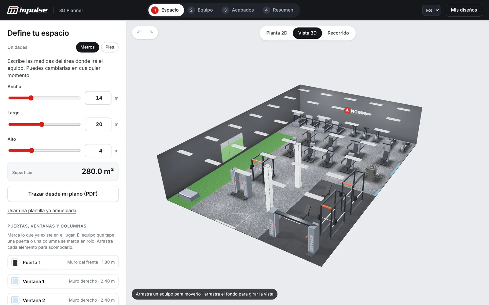 Paso Espacio: medidas de 14 por 20 metros y 4 de alto, superficie de 280 metros cuadrados y lista de puertas, ventanas y espejo junto a la vista 3D