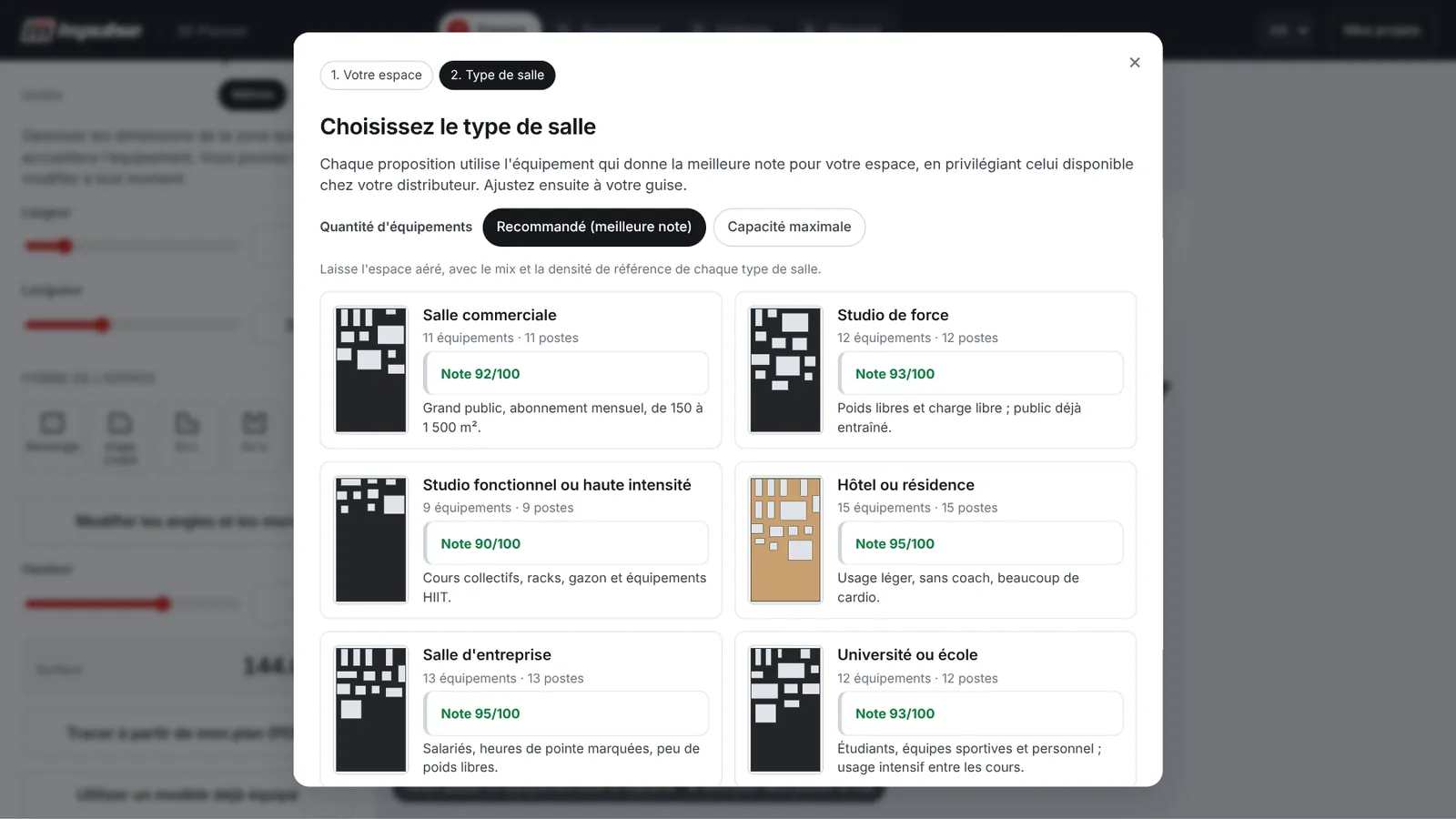Modèles déjà équipés : sept types de salle, chacun avec son plan, son nombre d'appareils, ses postes et sa note pour le même espace