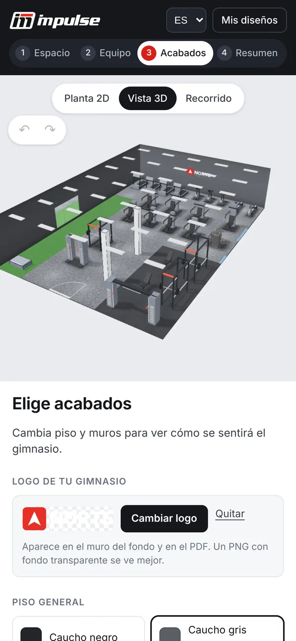La plataforma en un celular: barra de pasos, vista 3D del gimnasio y panel de acabados