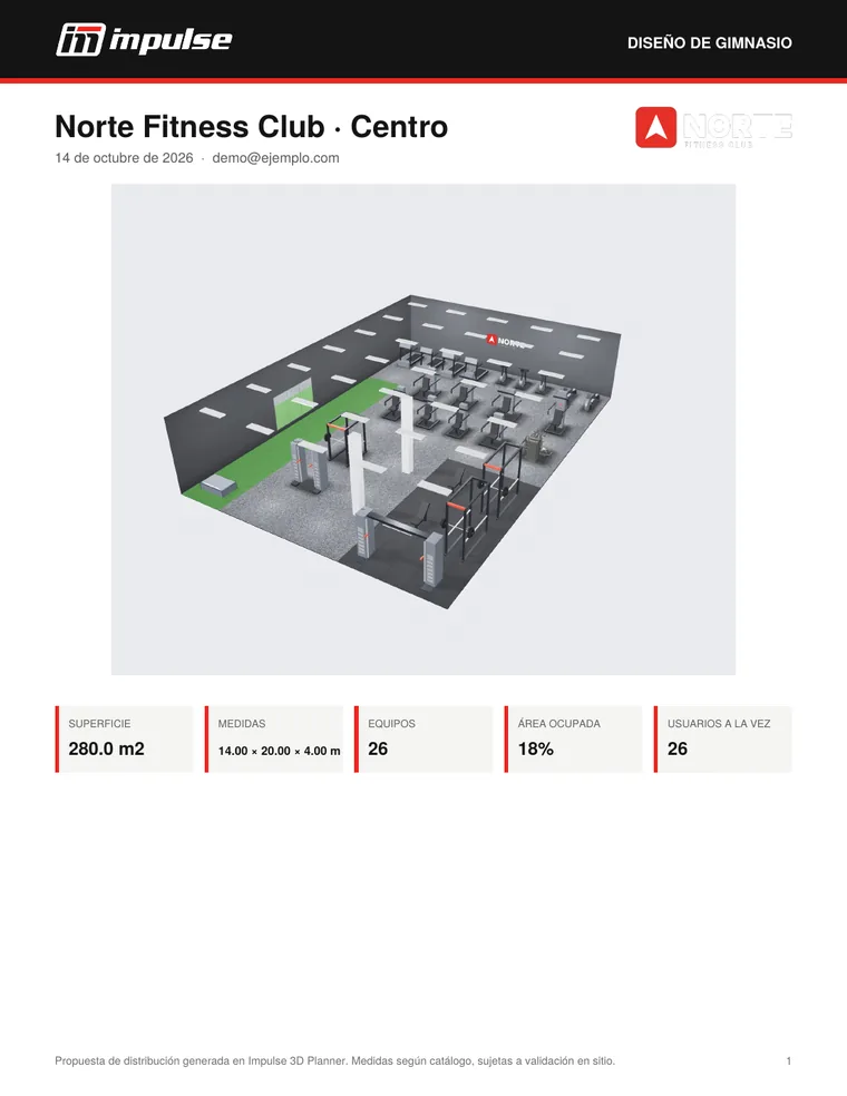Portada del PDF del proyecto con vista 3D, logo y resumen de superficie, medidas, equipos y usuarios