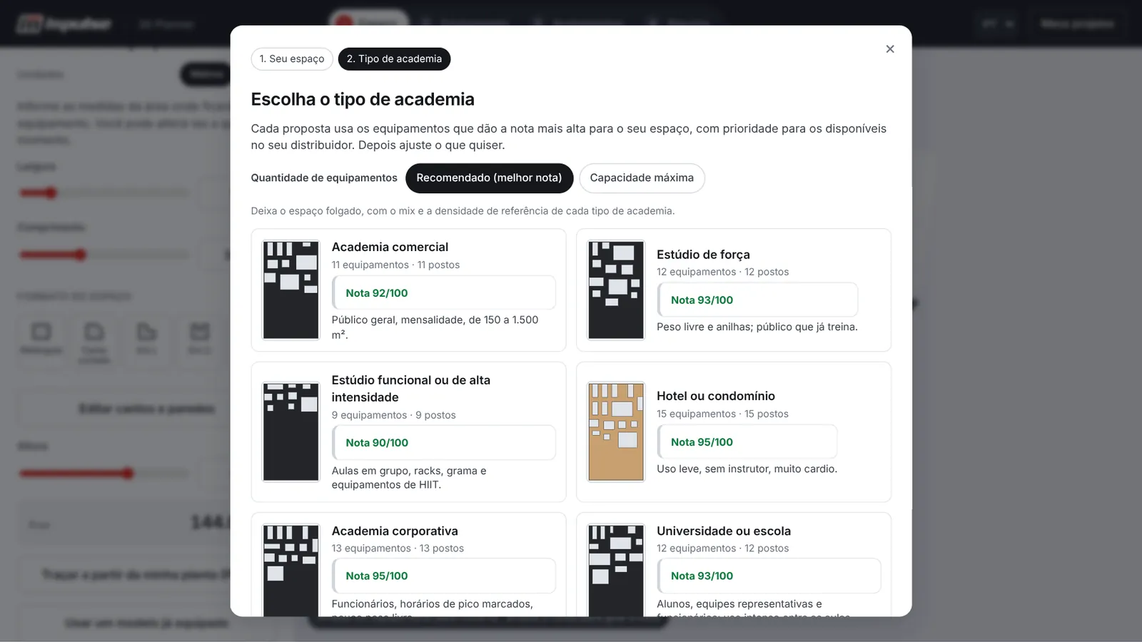 Modelos já equipados: sete tipos de academia, cada um com sua planta, número de equipamentos, postos e nota para o mesmo espaço