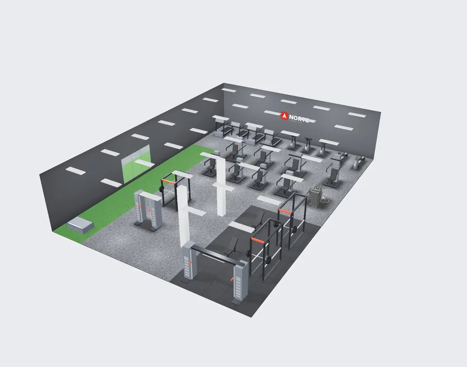 Render de la vista 3D del gimnasio sin guías ni etiquetas