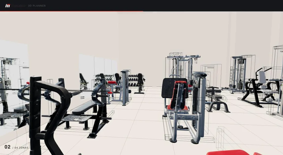 Gym presentation: the floor plan drawing turns into the 3D gym within a zone, with the zone counter