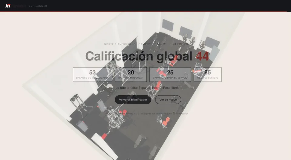 End of the presentation: overall score, four sub-scores and what the gym is missing, over the 3D aerial view